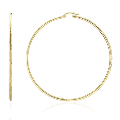 14k Yellow Gold 2mm Thick Textured Diamond-Cut Hoop Earrings