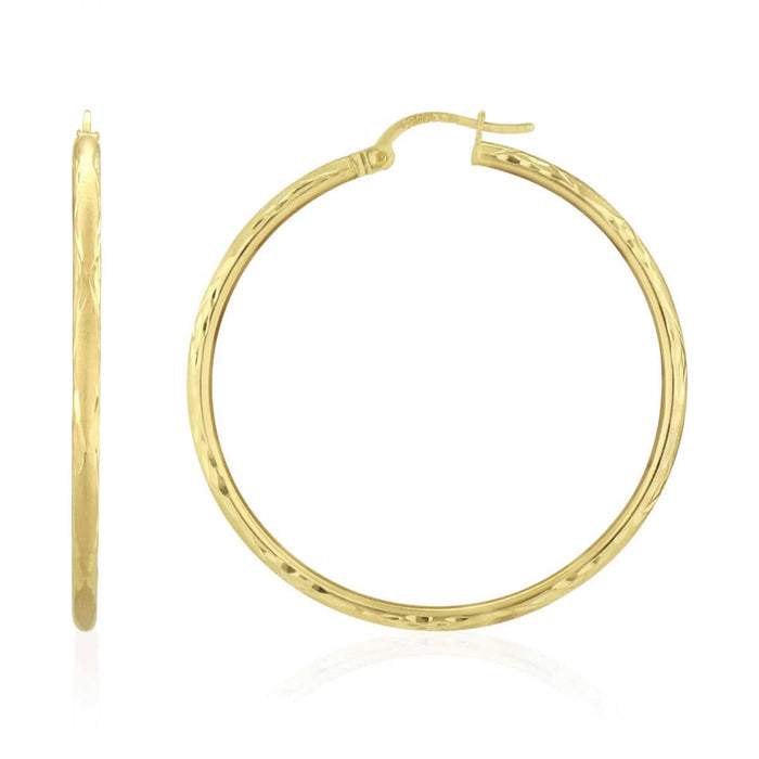 14k Yellow Gold 2mm Thick Textured Diamond-Cut Hoop Earrings