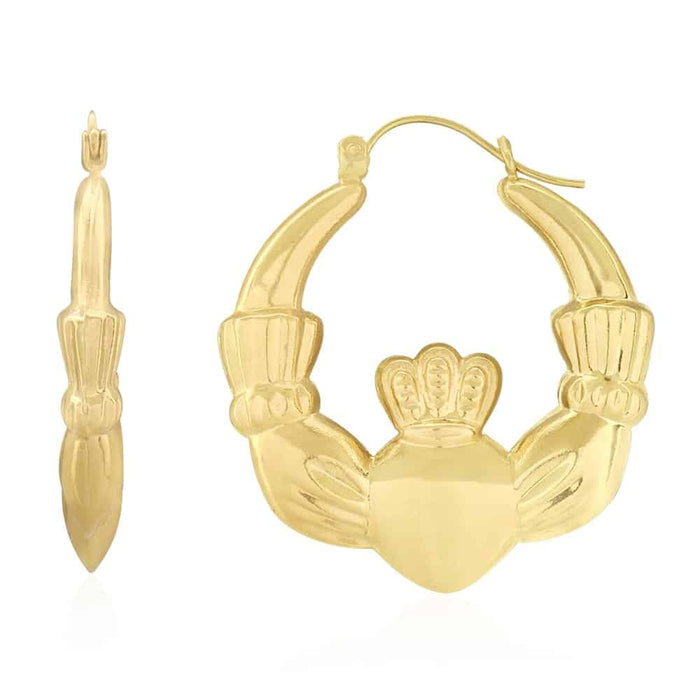 14k Yellow Gold Claddagh Puff Hoop Earrings 0.9"