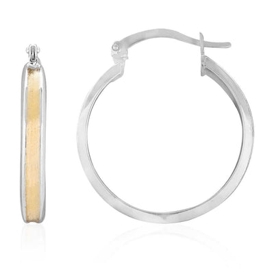 14k Yellow & White Gold Two Tone Satin Finish Textured Snapback Hoop Earrings