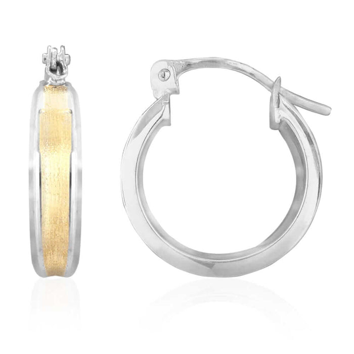14k Yellow & White Gold Two Tone Satin Finish Textured Snapback Hoop Earrings