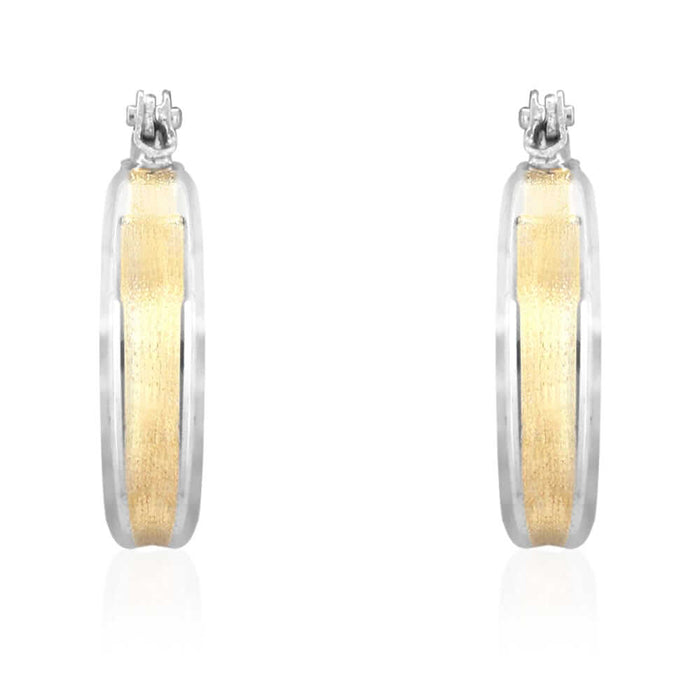 14k Yellow & White Gold Two Tone Satin Finish Textured Snapback Hoop Earrings