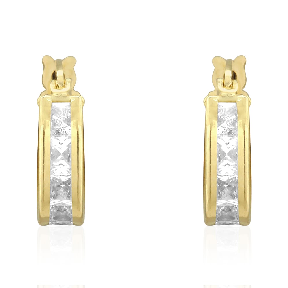 14k Yellow Gold 3.5mm Princess Cut Channel Set Hinged Snapback Hoop Earrings