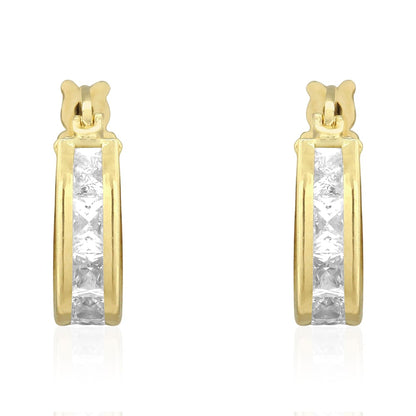 14k Yellow Gold 3.5mm Princess Cut Channel Set Hinged Snapback Hoop Earrings