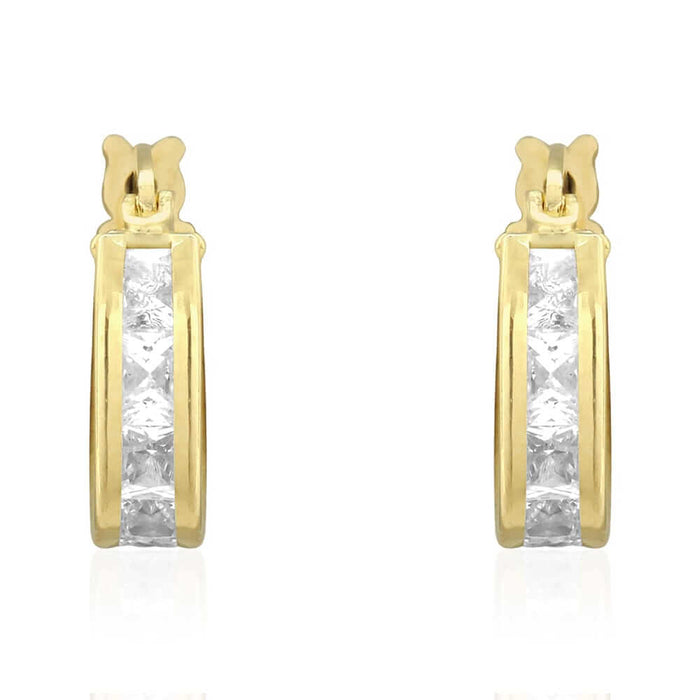 14k Yellow Gold 3.5mm Princess-Cut Channel Set Hinged Snapback Hoop Earrings