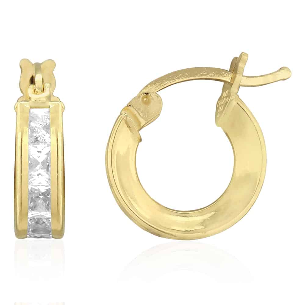 14k Yellow Gold 3.5mm Princess Cut Channel Set Hinged Snapback Hoop Earrings