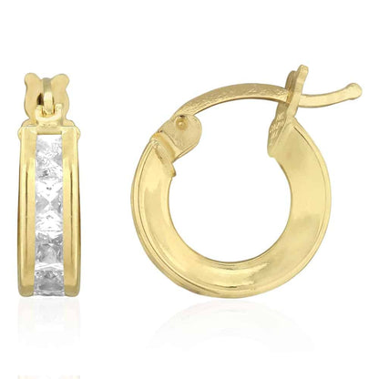 14k Yellow Gold 3.5mm Princess Cut Channel Set Hinged Snapback Hoop Earrings