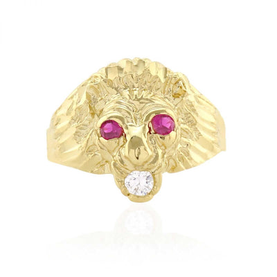 10k Gold Yellow Simulated Ruby Diamond-Cut Lion Head Ring