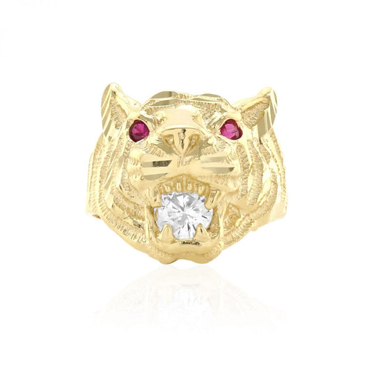 10k Gold Yellow Simulated Ruby Diamond Tiger Head Signet Ring