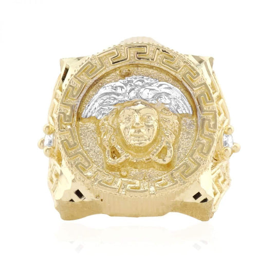 10k Yellow Gold Created Diamond Cut Medusa Head Square Men's Signet Ring