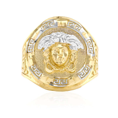 Solid 10K Gold Yellow Diamond-Cut Style Medusa Round Men’s Signet Ring
