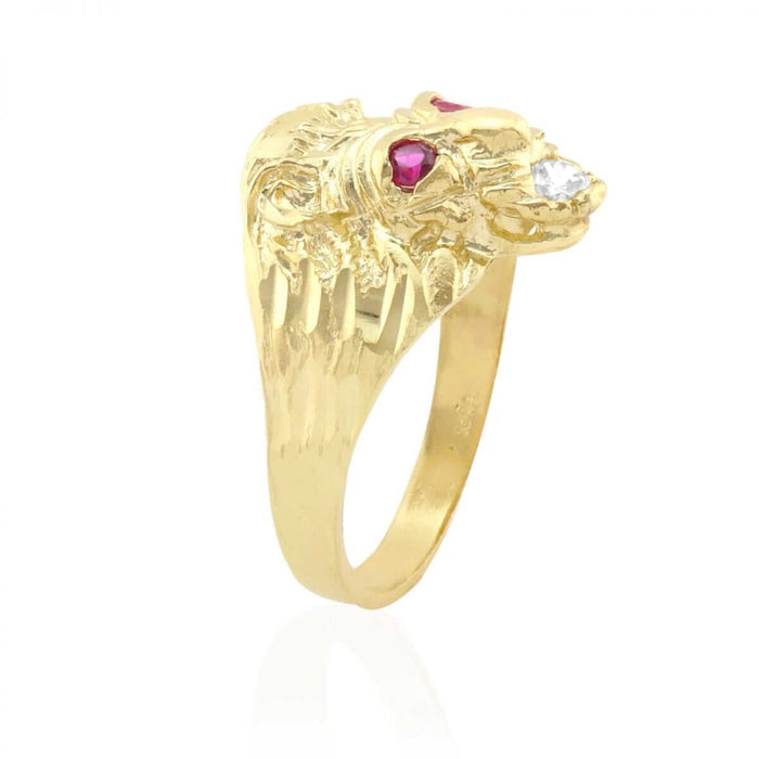 10k Gold Yellow Simulated Ruby Diamond-Cut Lion Head Ring