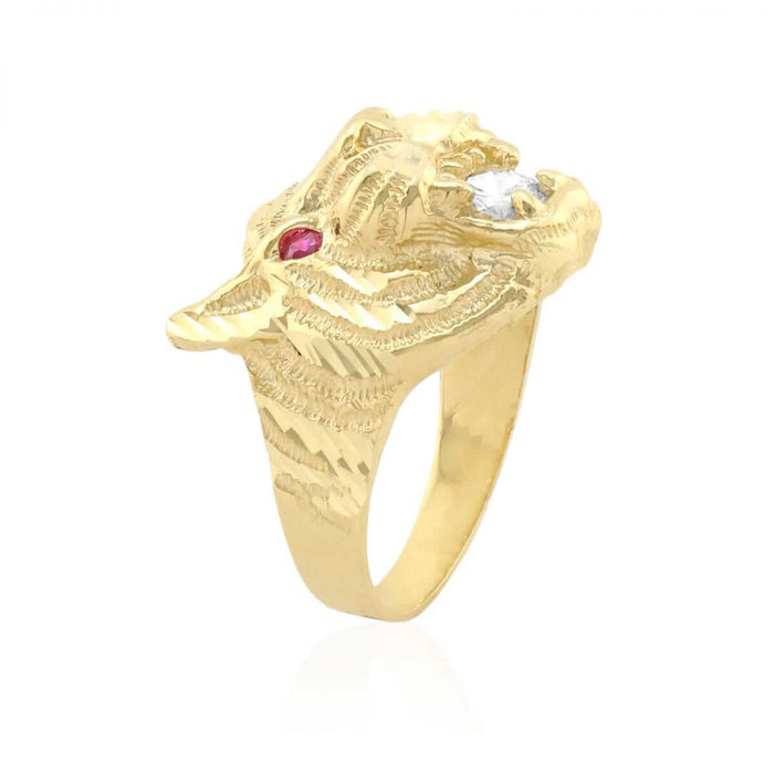 10k Gold Yellow Simulated Ruby Diamond Tiger Head Signet Ring
