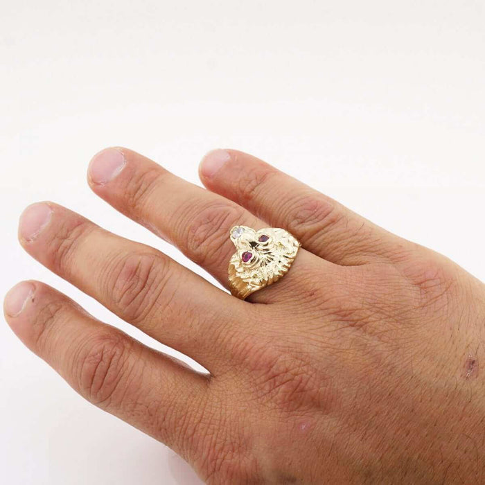 10k Gold Yellow Simulated Ruby Diamond-Cut Lion Head Ring