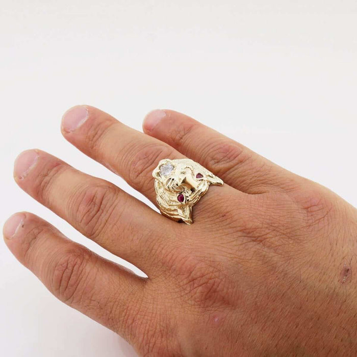 10k Gold Yellow Simulated Ruby Diamond Tiger Head Signet Ring
