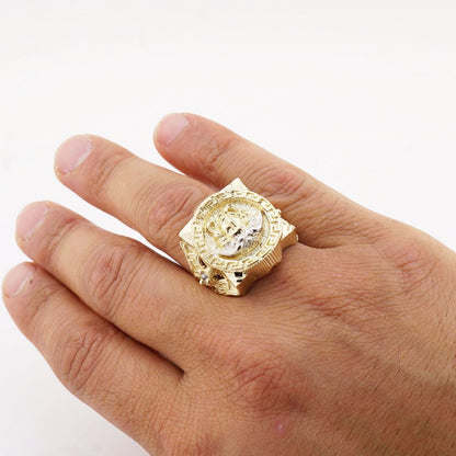 10k Yellow Gold Created Diamond Cut Medusa Head Square Men's Signet Ring