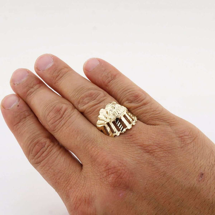 Solid 10K Gold Yellow Diamond-Cut Apache Chief Head Native Men's Ring