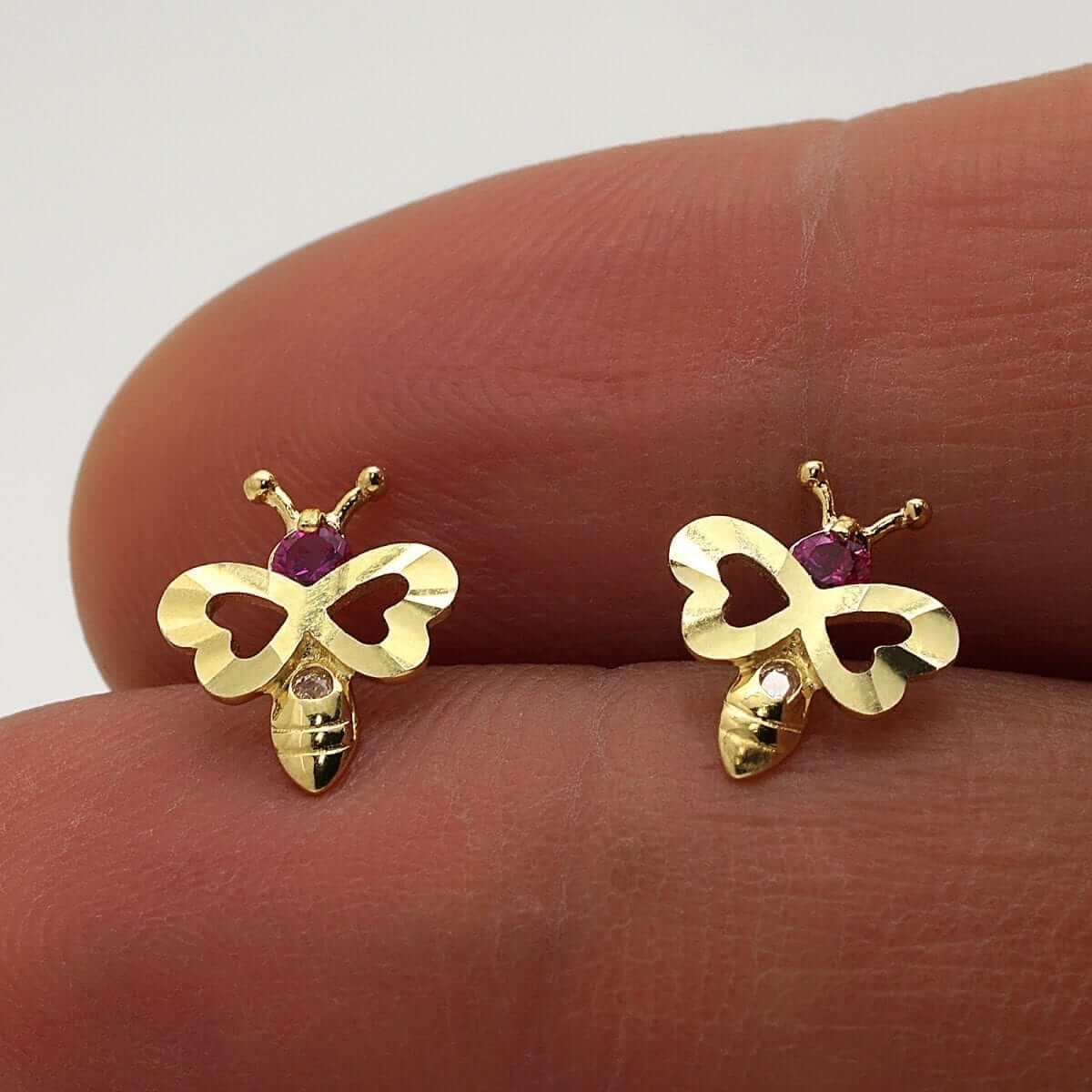0.10Ct CZ Ruby 14K Yellow Bee Gold Stud Earrings 0.4"