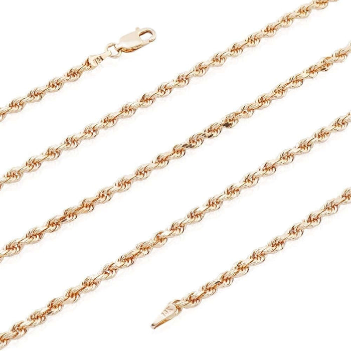 14K Rose Gold 2mm-7mm Diamond-Cut Rope Chain (Solid Links) 20"-30"