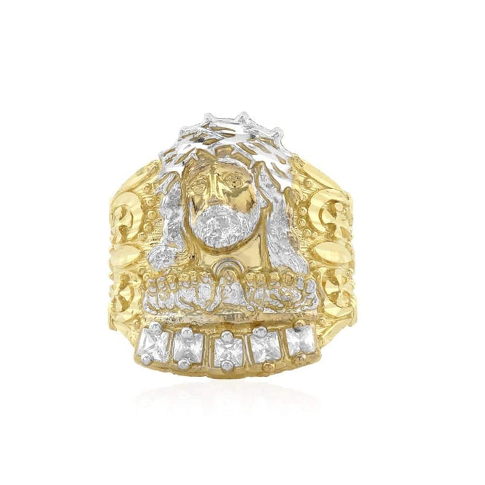 0.8CTW CZ 10k Gold Yellow White Jesus Head Men's Ring