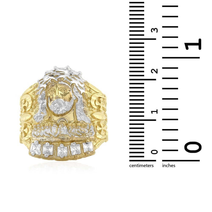 0.8CTW CZ 10k Gold Yellow White Jesus Head Men's Ring