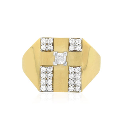 10k Solid Yellow Gold Created Diamond Pave Set Cross Men's Signet Ring