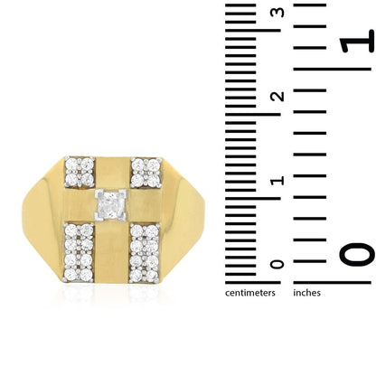 10k Solid Yellow Gold Created Diamond Pave Set Cross Men's Signet Ring