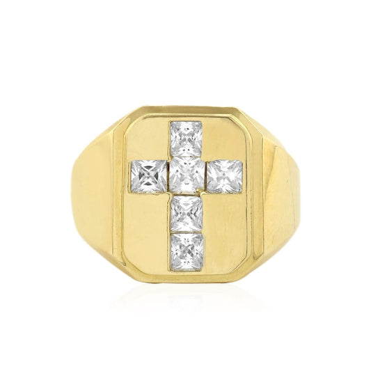 10k Gold Yellow CZ Pave Set Cross Men's Signet Ring
