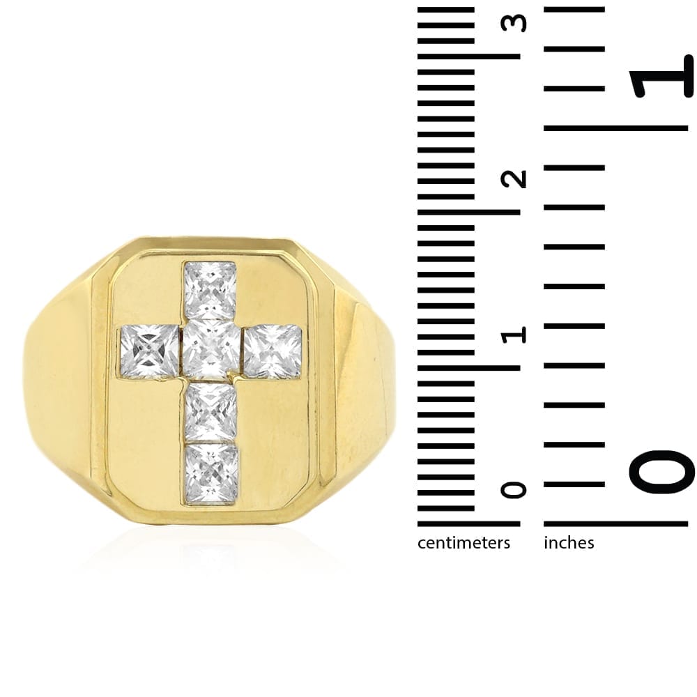 10k Gold Yellow CZ Pave Set Cross Men's Signet Ring