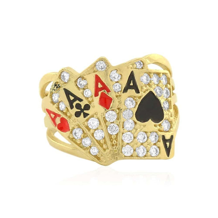 10k Gold Yellow CZ Four Of A Kind Aces Poker Pinky Ring