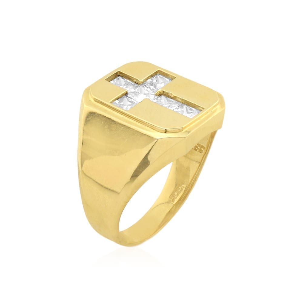 10k Gold Yellow CZ Pave Set Cross Men's Signet Ring