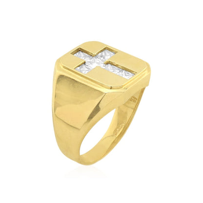 10k Gold Yellow CZ Pave Set Cross Men's Signet Ring