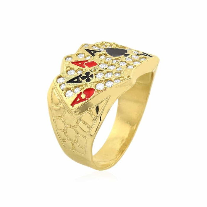 10k Gold Yellow CZ Four Aces Poker Signet Ring