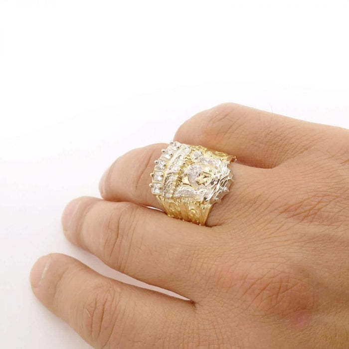 0.8CTW CZ 10k Gold Yellow White Jesus Head Men's Ring