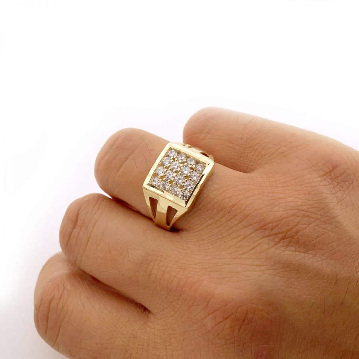 10k Solid Yellow Gold CZ Pave Square Men's Signet Ring 1.60Ct