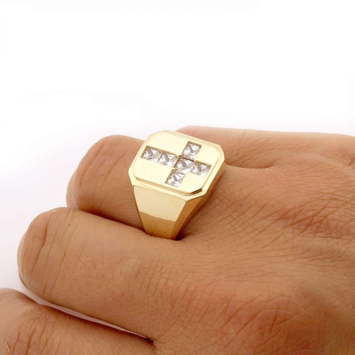 10k Gold Yellow CZ Pave Set Cross Men's Signet Ring