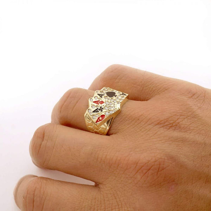 10k Gold Yellow CZ Four Aces Poker Signet Ring
