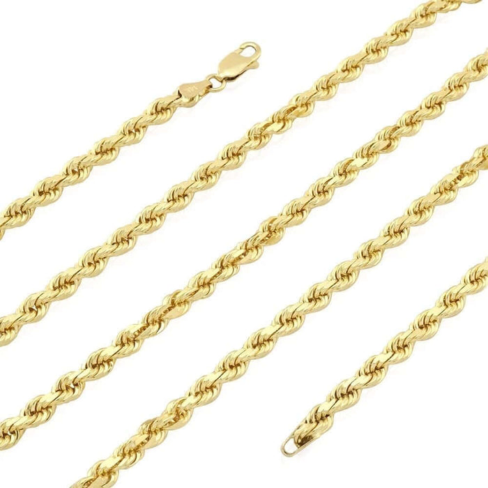 14K Yellow Gold 2mm-7mm Diamond-Cut Rope Chain (Solid Links) 20"-30"