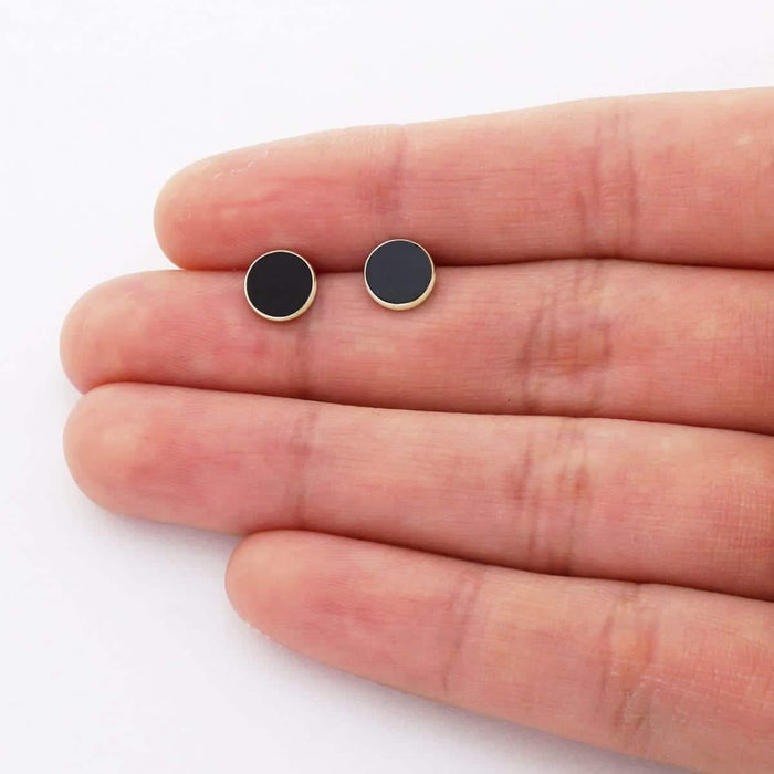 14k Yellow & White Gold Round Onyx Stud Screw Back Earrings