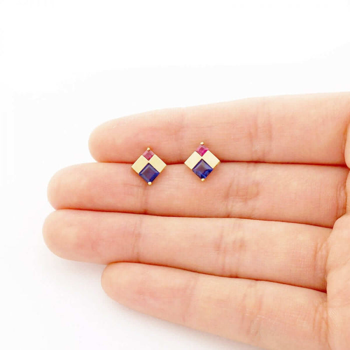 Princess-Cut Sapphire & Ruby Gemstone Screw Back Stud Earrings 14k Yellow Gold