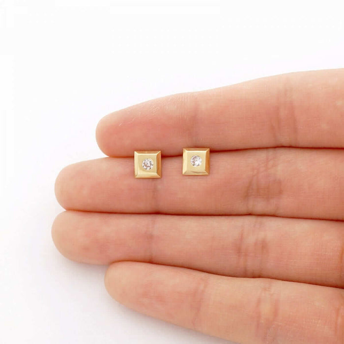 14k Yellow Gold White & Black CZ Square Screw Back Stud Earrings