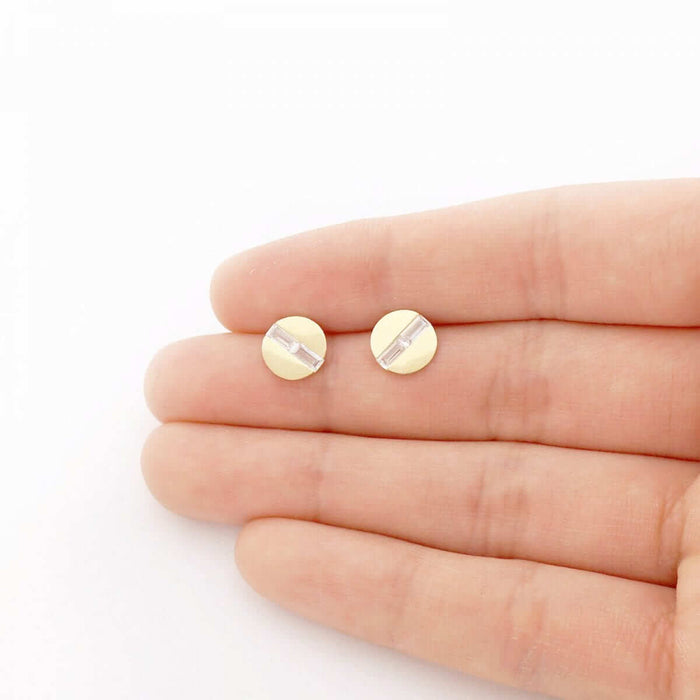 14K Yellow Gold White CZ Button Shaped Screw Back Stud Earrings
