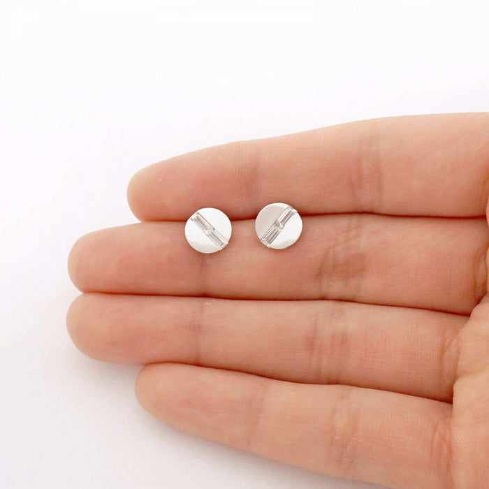 14K Yellow Gold White CZ Button Shaped Screw Back Stud Earrings