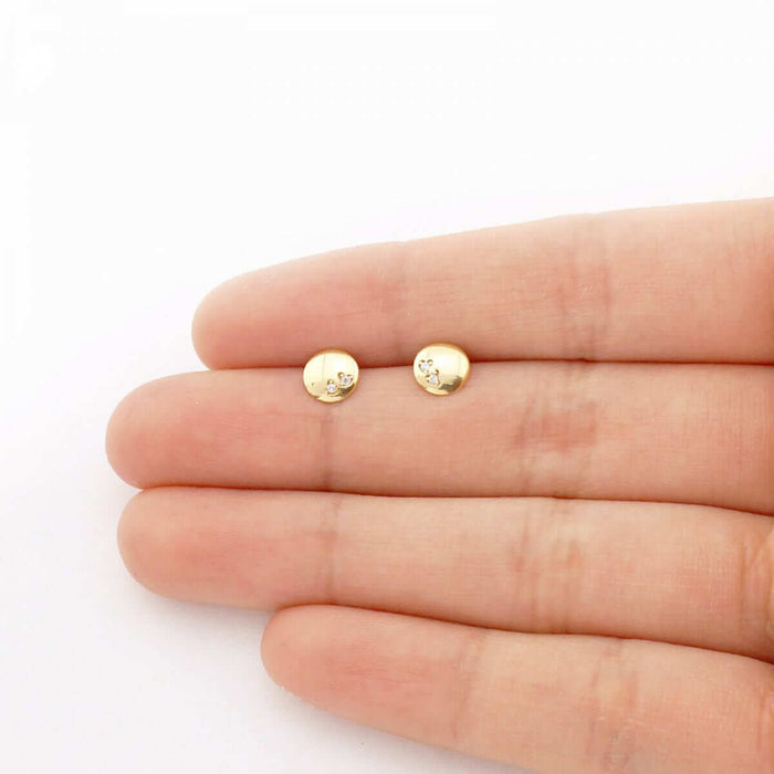14k Yellow Gold Round Button Shaped Heart Pave Zircon Screw Back Stud Earrings