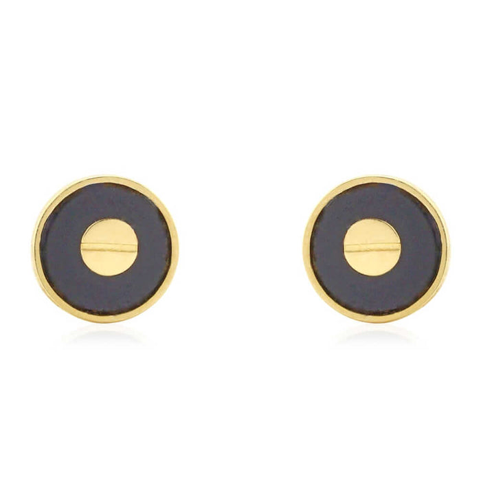 Black Onyx Round Button Shaped 14k Yellow Gold Stud Screw Back Earrings
