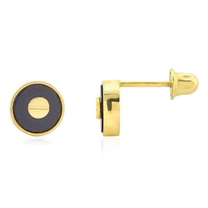 Black Onyx Round Button Shaped 14k Yellow Gold Stud Screw Back Earrings