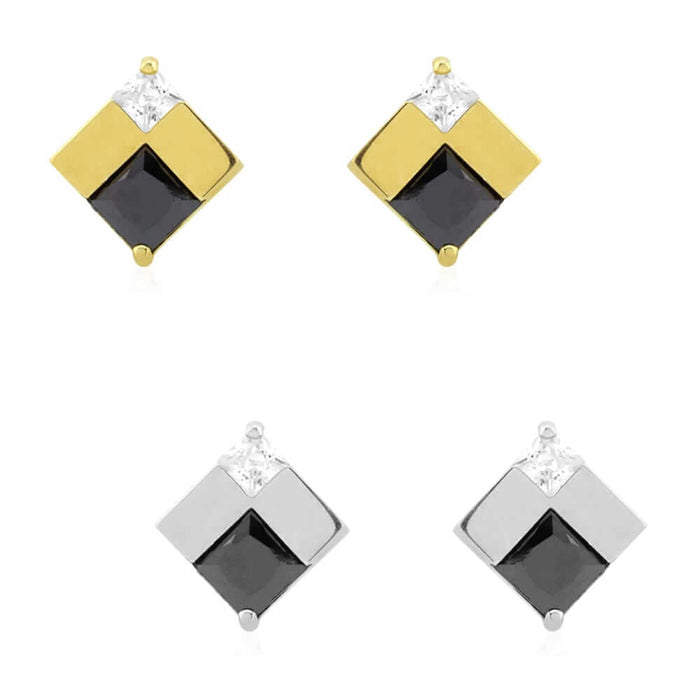 Square Real Onyx & CZ Screw Back Stud Earrings 14k Yellow Gold