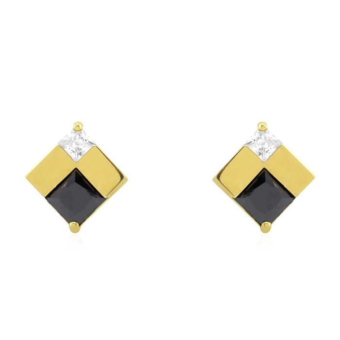 Square Real Onyx & CZ Screw Back Stud Earrings 14k Yellow Gold