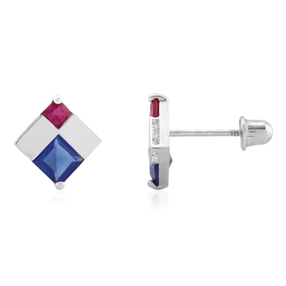 Princess Cut Sapphire & Ruby Gemstone Screwback Stud Earrings 14k Yellow Gold