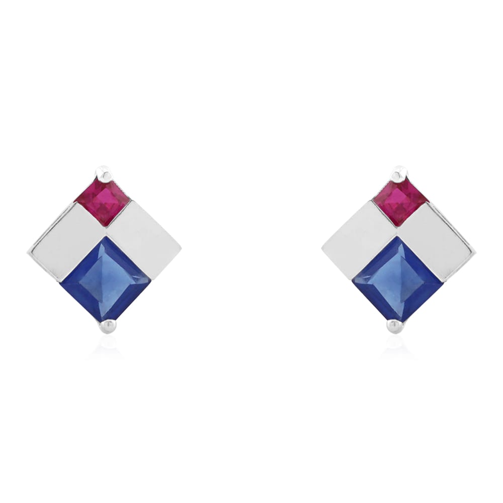 Princess Cut Sapphire & Ruby Gemstone Screwback Stud Earrings 14k Yellow Gold